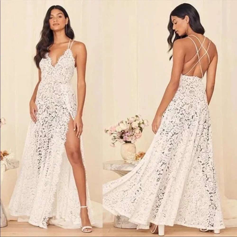 White Lace Size L Maxi Dress Nude Bodysuit Liner High Slit Bridal Festival